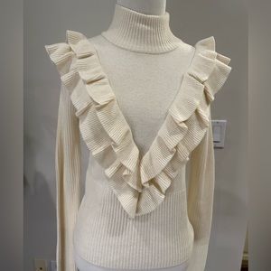 Cinq a Sept 5a7 Palomino Pullover Sweater Ribbed Ruffle Mock Neck Ivory Sz S